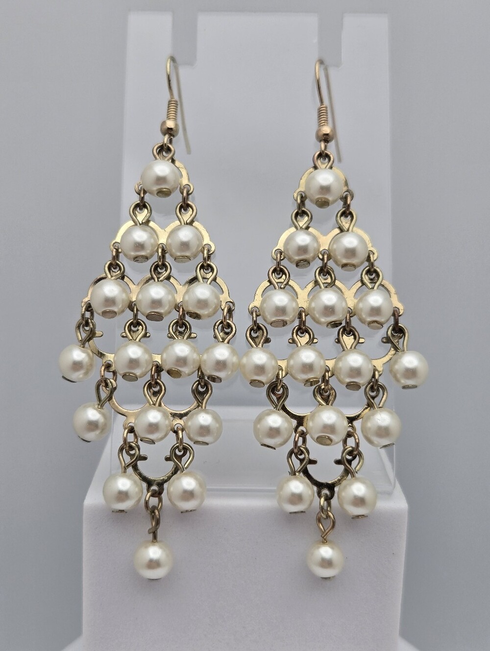 Faux Pearl Chandelier Earrings Bridal Statement Art Deco Victorian 3.25"